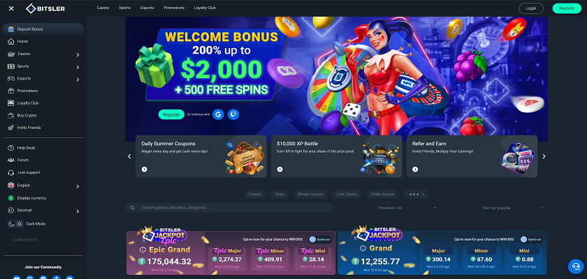 Bitsler Crash Gambling Casino Homepage