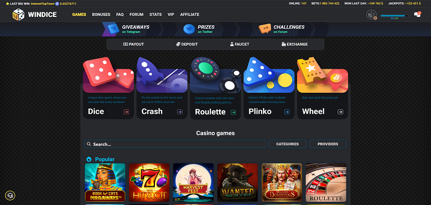 Windice Crash Gambling Casino Homepage