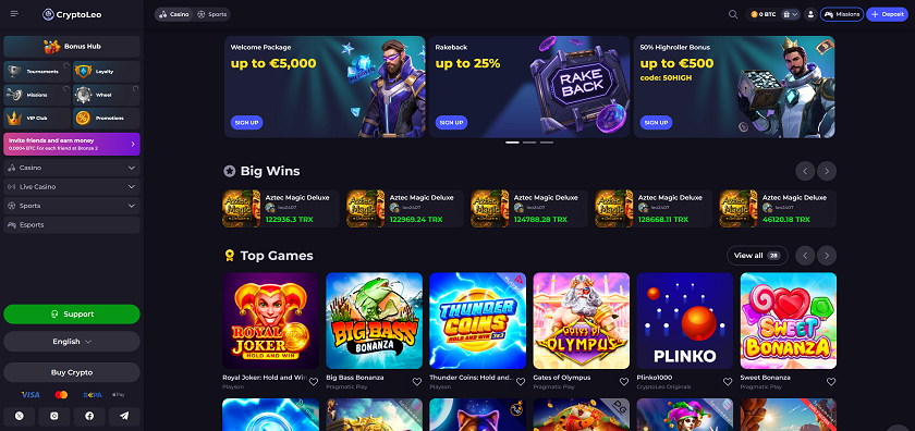 CryptoLeo Crash Gambling Casino Homepage